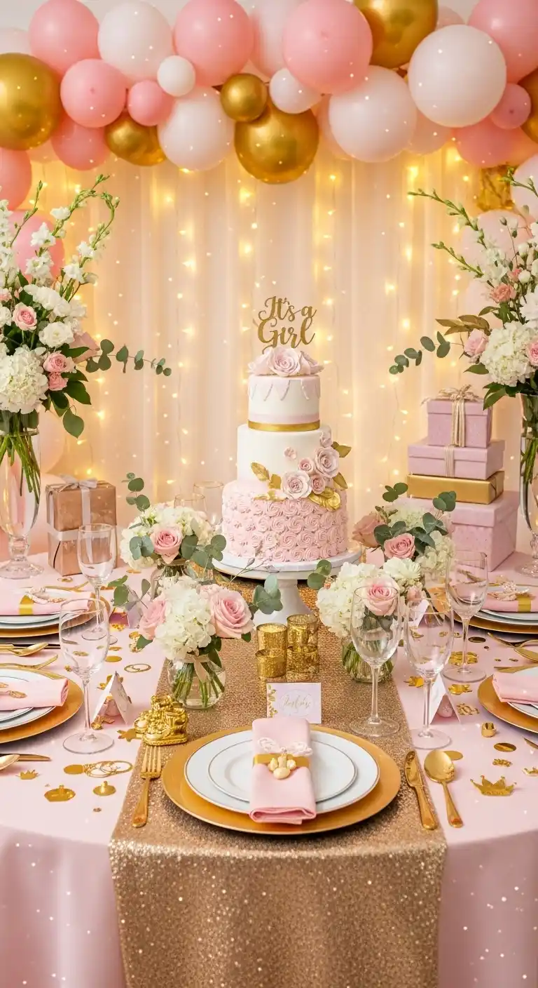 25 Girl Baby Shower Themes That Feel Fresh and Magical 5 1. Blush and Gold Elegance Theme