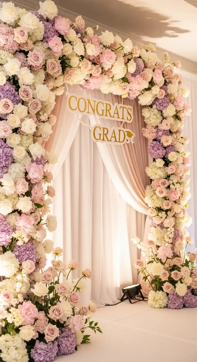 21 Stylish Graduation Party Backdrops for Any Theme 5 1. Floral Elegance for a Soft, Feminine Touch