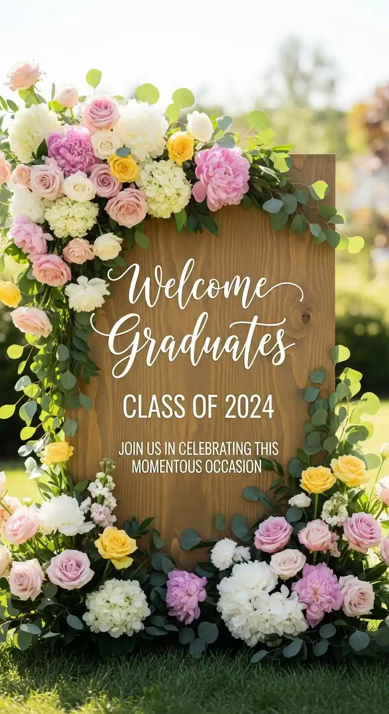 17 Floral Graduation Party Ideas You’ll Love 5 1. Flower-Framed Welcome Sign