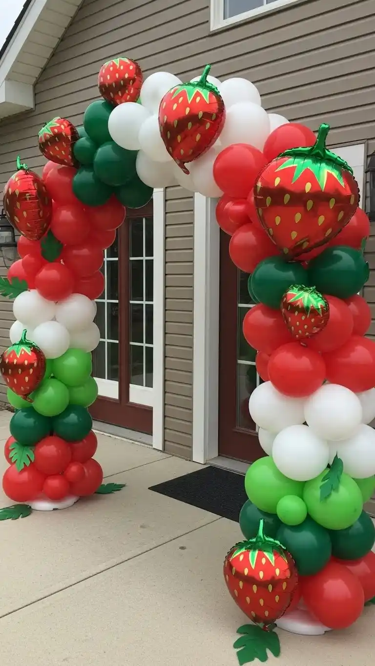 21 Strawberry Themed Party Ideas That Shine 5 1. Strawberry Balloon Entrance Arch