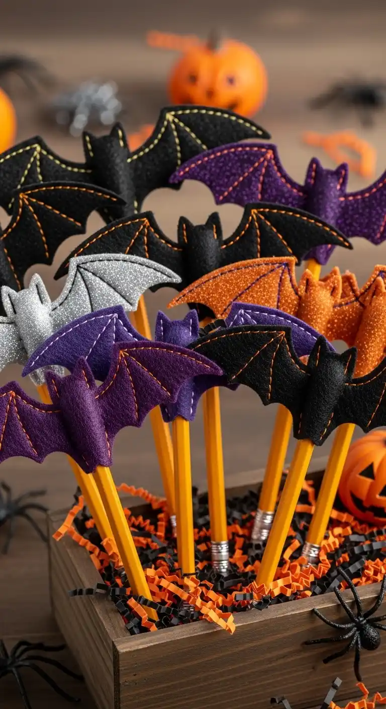 21 Ideas Spooky DIY Halloween Party Favors for Kids 14 10. Bat-Wing Pencil Toppers