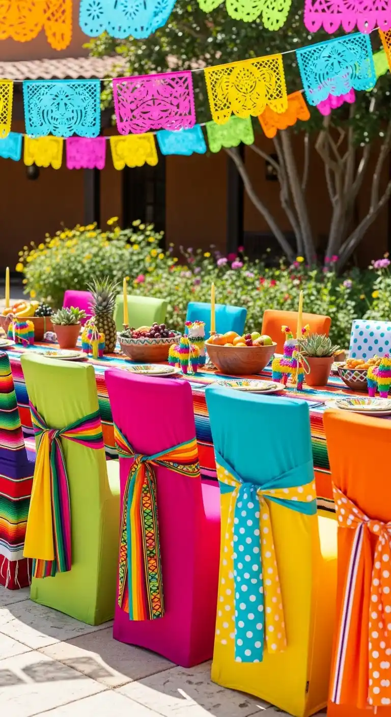 Fiesta Party Decorations: 19 Bright Ideas for a Vibrant Bash 14 10. Bright Chair Covers or Sashes