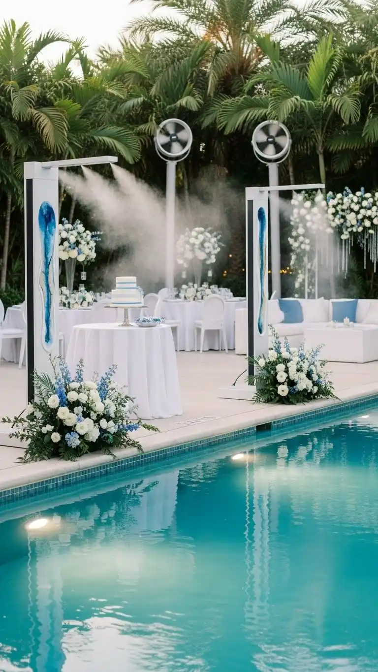 17 Poolside Wedding Ideas That Shine 14 10. Cool Mist or Breeze Stations for Guest Comfort