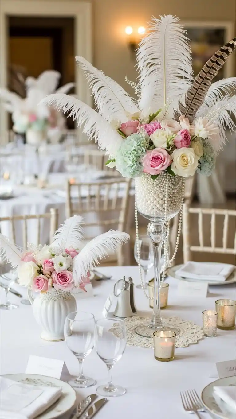 Bridgerton Party Ideas: 21 Elegant Themes and Decor Tips 14 10. Craft a Feather and Pearl Centerpiece Collection