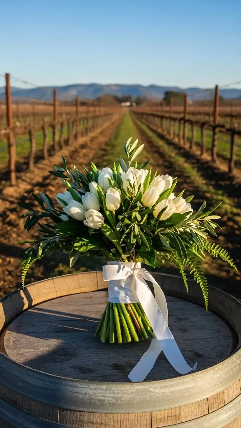 25 Elegant Vineyard Wedding Ideas for Your Dream Day 14 10. Elegant White Tulip Hand-Tied Bouquet