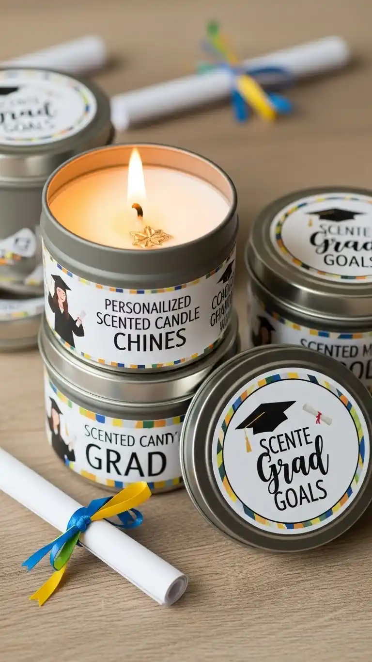27 Simple DIY Graduation Party Decorations to Try 14 10. Personalized Scented Candle Tins with Grad Labels