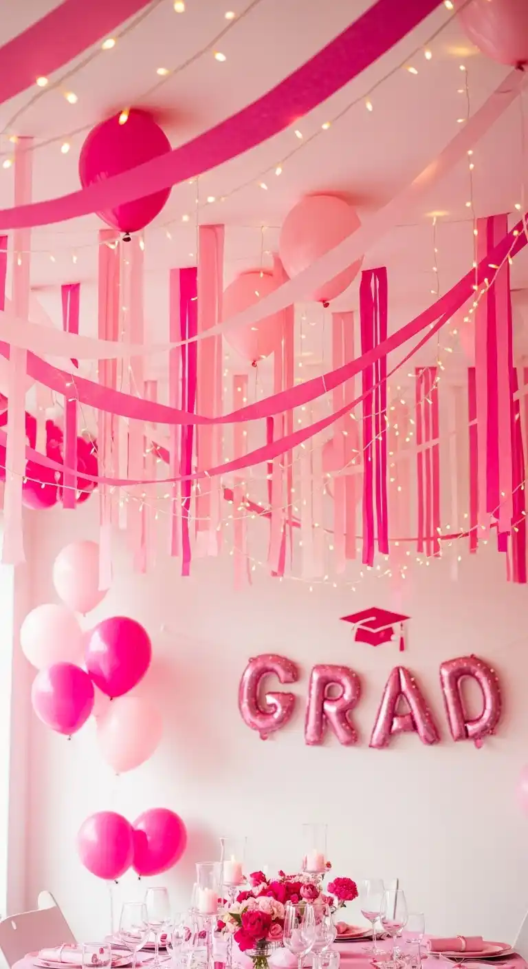 17 Pretty Pink Graduation Party Ideas You’ll Love 14 10. Pink Streamers and Fairy Lights