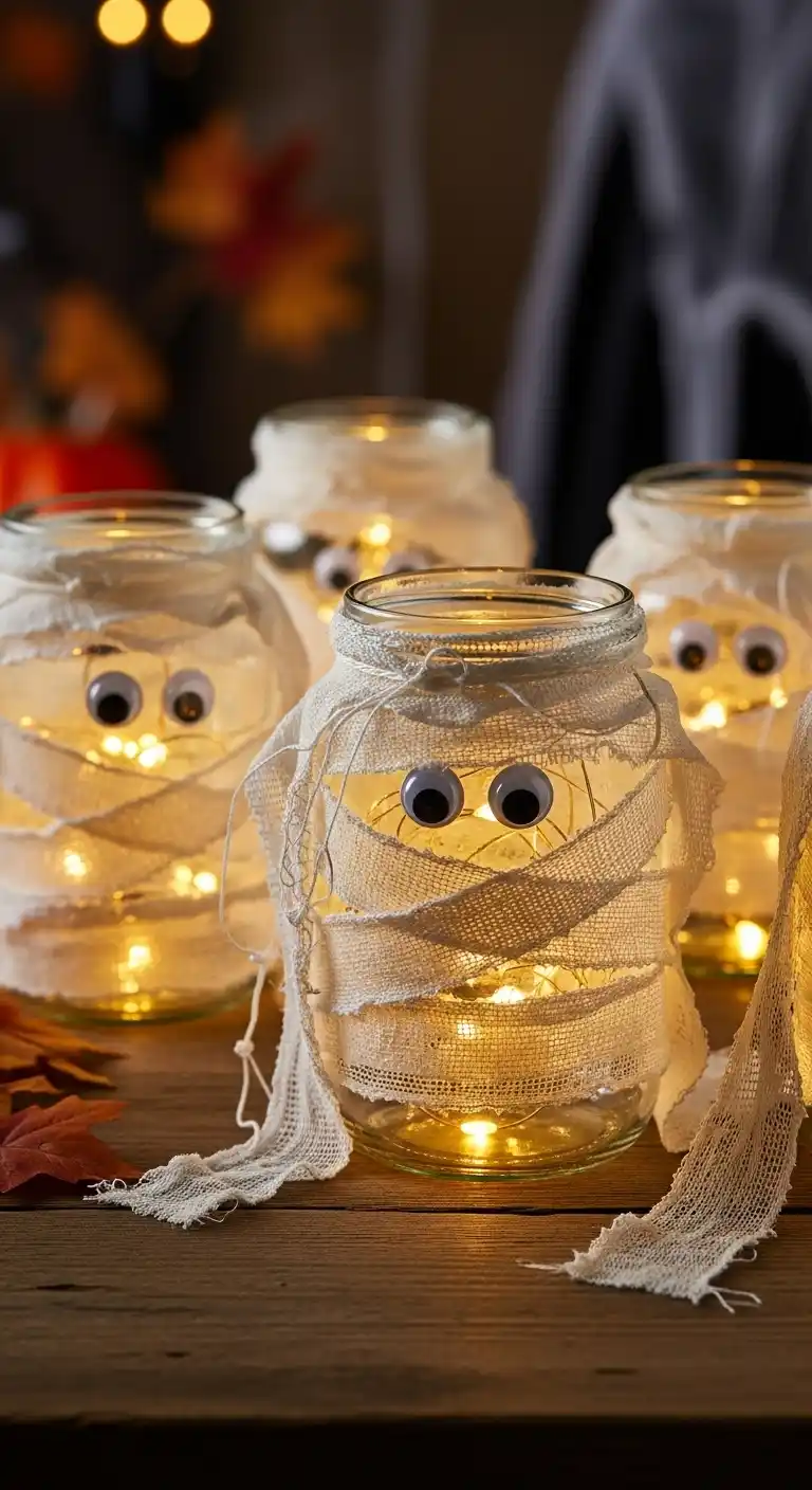 23 DIY Halloween Party Decor Ideas for a Festive Look 14 10. Recycled Jar Mummy Lights