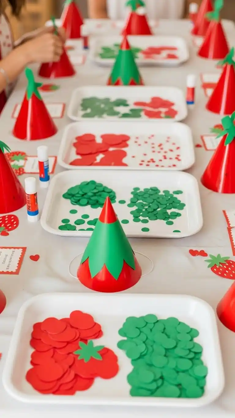 21 Strawberry Themed Party Ideas That Shine 14 10. Strawberry Party Hat Craft Table