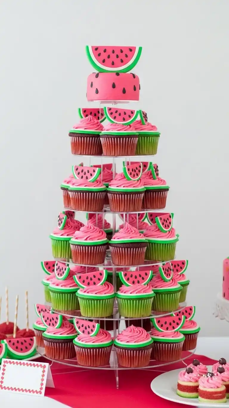 25 Fun Watermelon Themed Party Ideas for a Sweet Celebration 14 10. Watermelon Themed Cupcake Display Tower