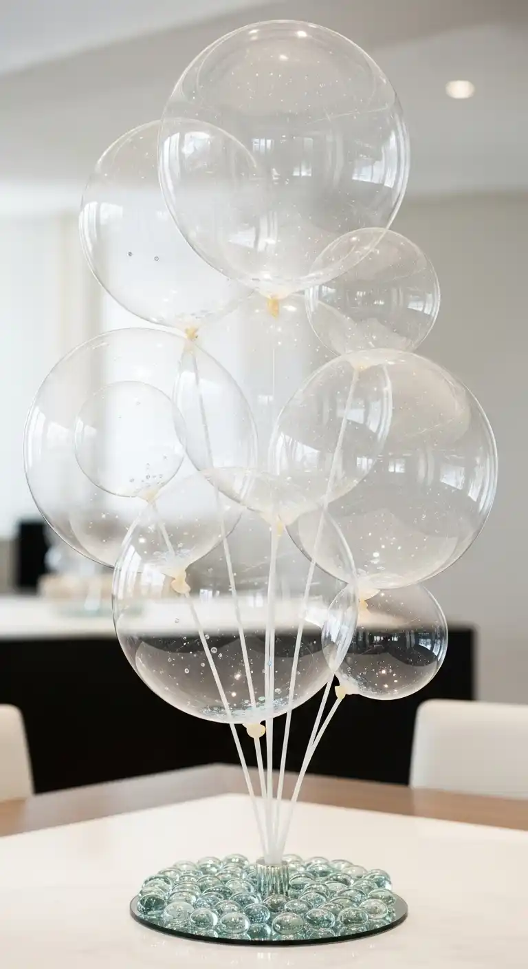 25 Stunning DIY Balloon Centerpiece Ideas on a Budget 15 11. Bubble-Inspired Clear Balloon Centerpiece for Modern Tables