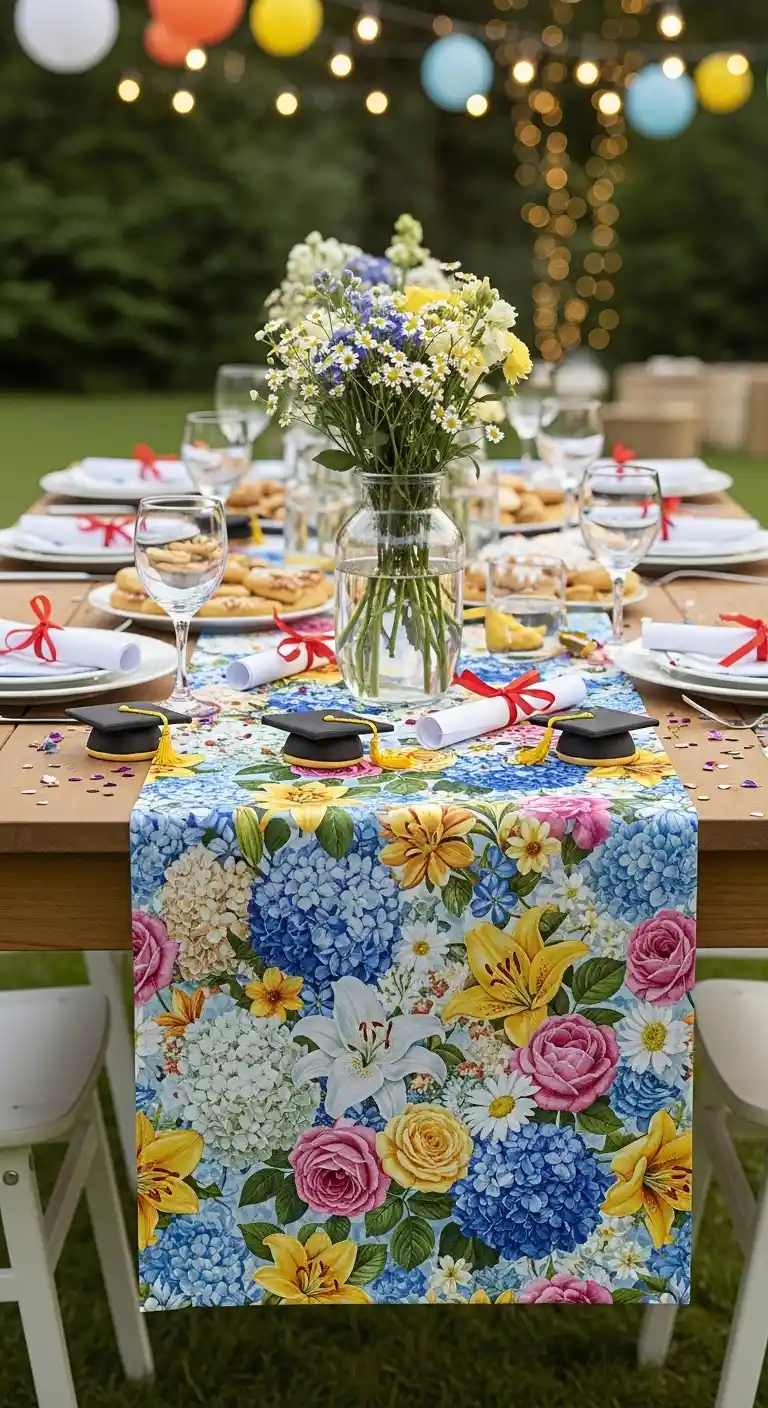 17 Floral Graduation Party Ideas You’ll Love 15 11. Flower-Patterned Table Runners