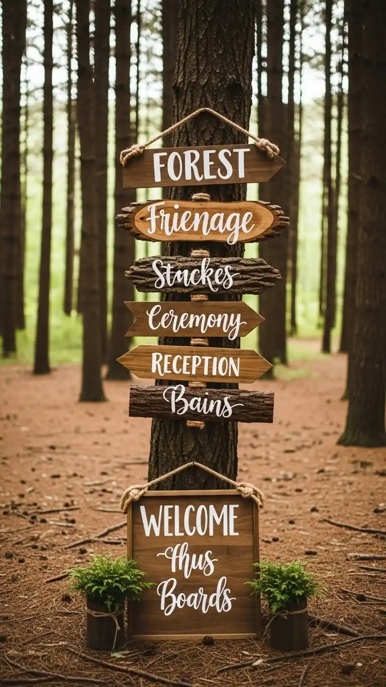 Dreamy Forest Wedding Theme to Steal the Show 15 11. Forest-Friendly Signage with Organic Materials