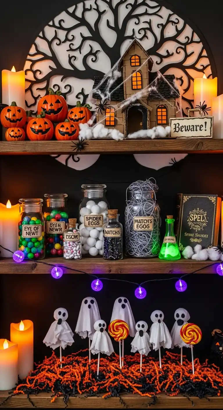 23 DIY Halloween Party Decor Ideas for a Festive Look 15 11. Frightful “Potion” Shelf Display