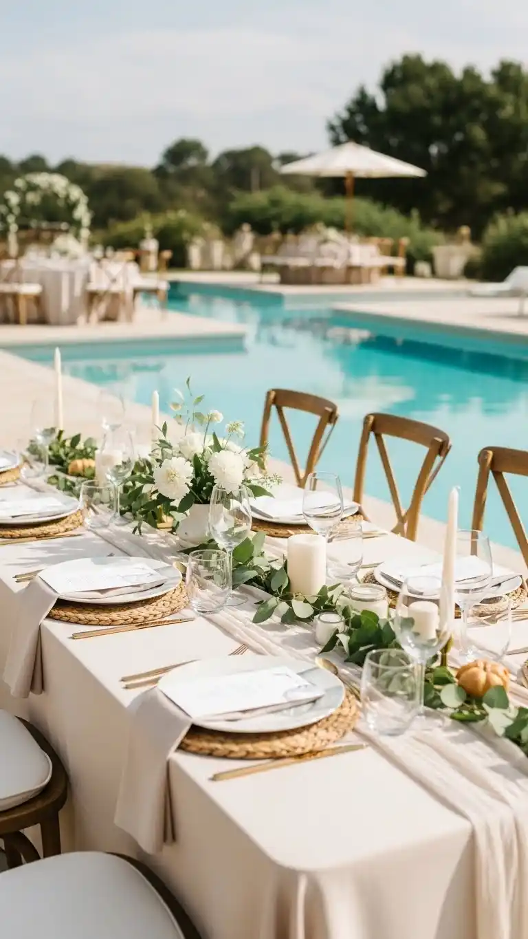 17 Poolside Wedding Ideas That Shine 15 11. Nature-Inspired Table Settings with Soft Textures
