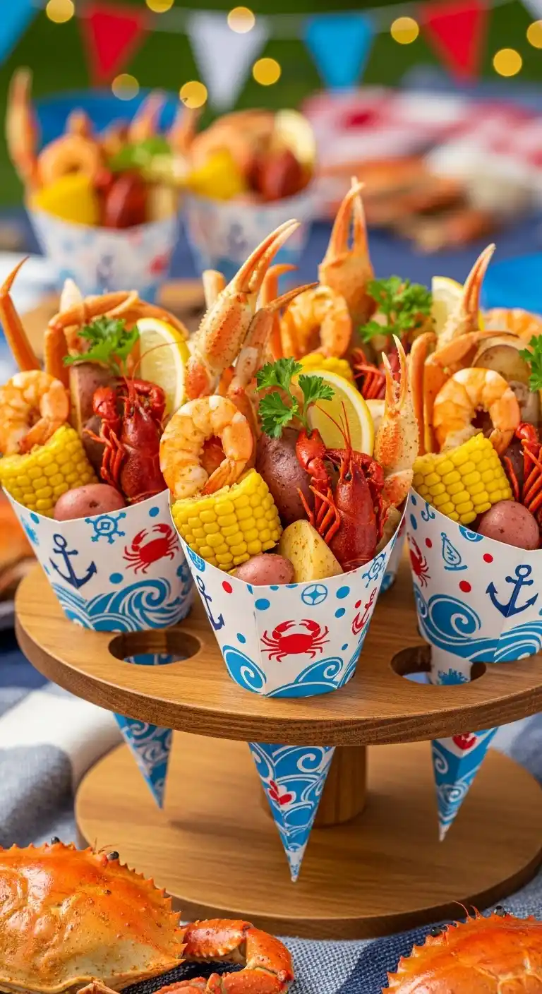 Seafood Boil Party Ideas: 27 Coastal-Inspired Fun Touches 15 11. Seafood Boil Cone Cups for On-the-Move Snacking