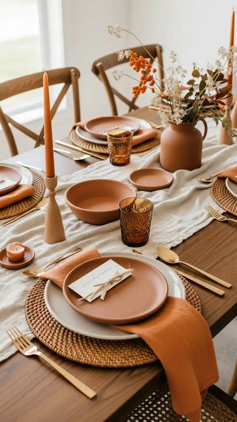 17 Stylish Dinner Party Table Ideas for Every Occasion 15 11. Warm Earth-Tone Rustic Harmony