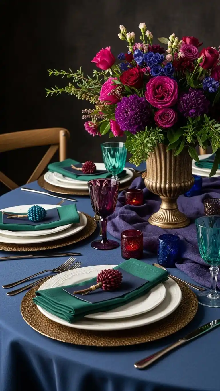 17 Stylish Dinner Party Table Ideas for Every Occasion 16 12. Jewel-Tone Dinner Setting with Rich Accents