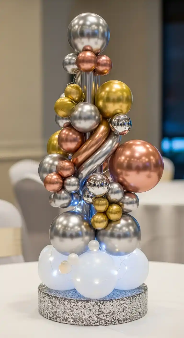 25 Stunning DIY Balloon Centerpiece Ideas on a Budget 16 12. Metallic Chrome Balloon Sculpture Centerpiece