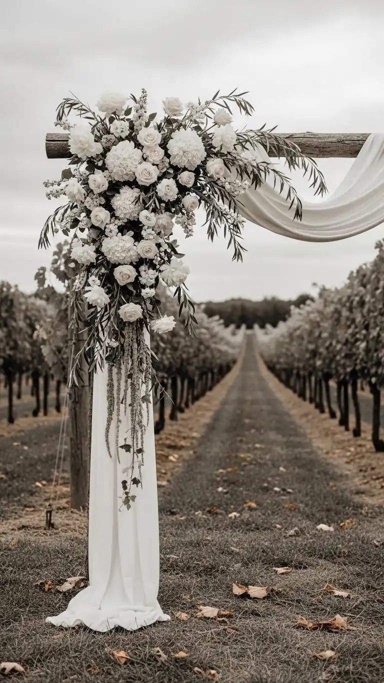 25 Elegant Vineyard Wedding Ideas for Your Dream Day 16 12. Monochrome Cream Floral Statement Piece