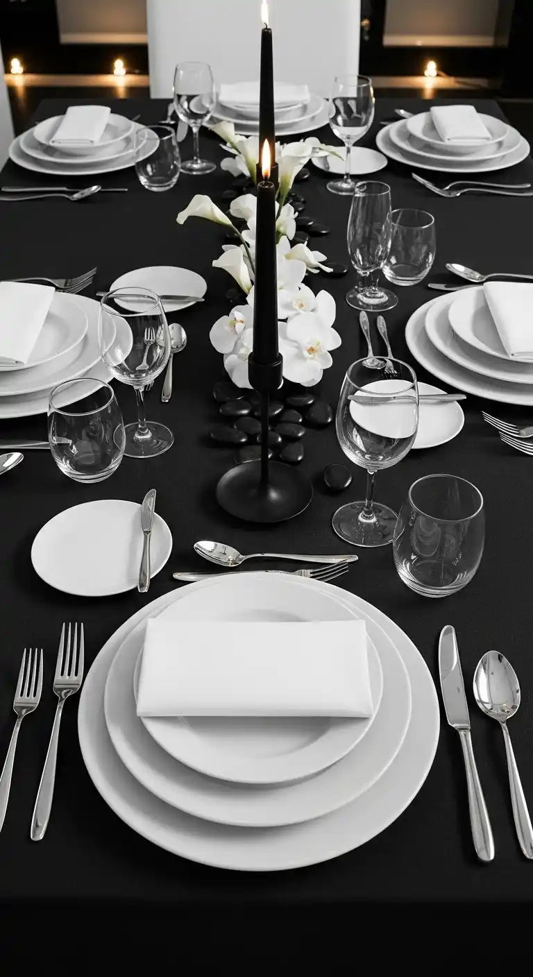 19 Easy Dinner Party Table Settings Inspirations 16 12. Monochrome Table Settings for Sleek Sophistication
