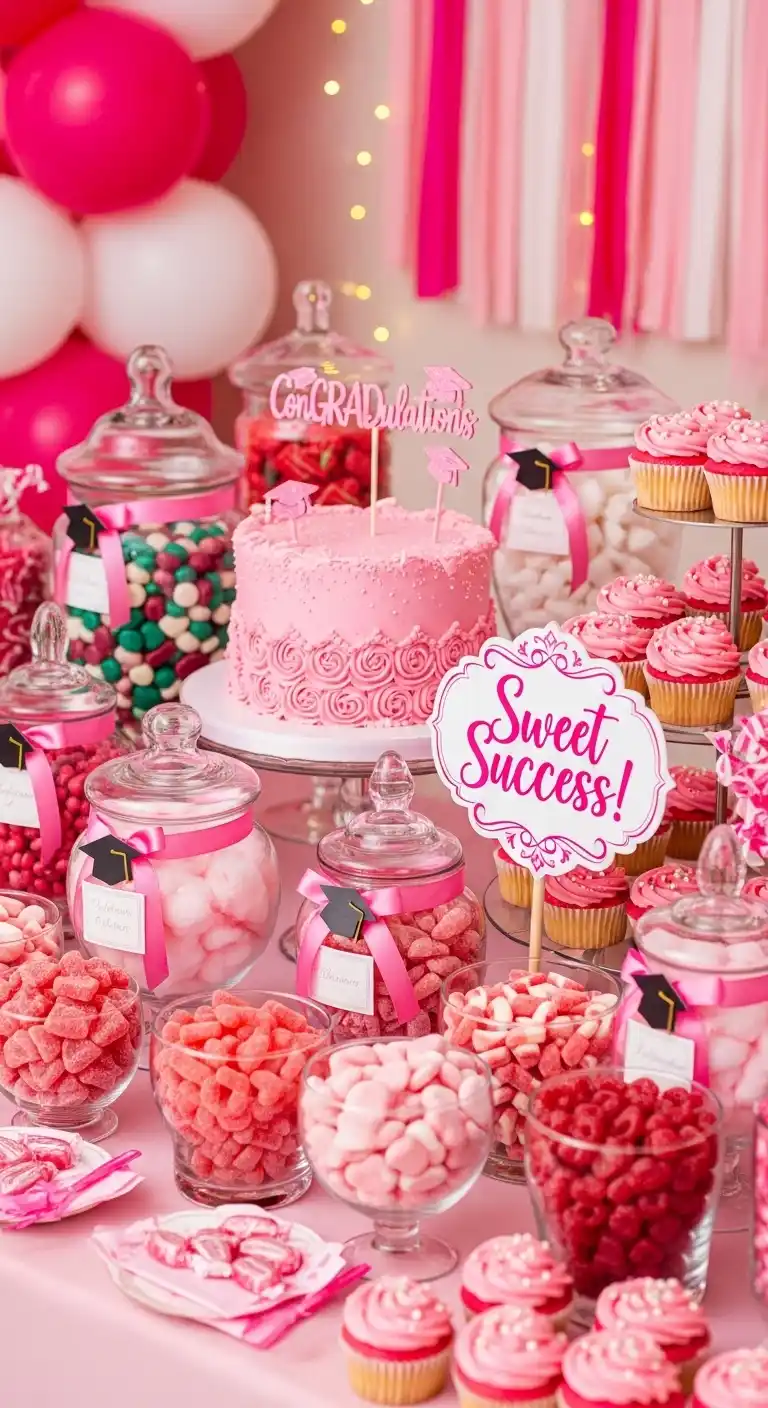 17 Pretty Pink Graduation Party Ideas You’ll Love 16 12. Pink Candy Buffet