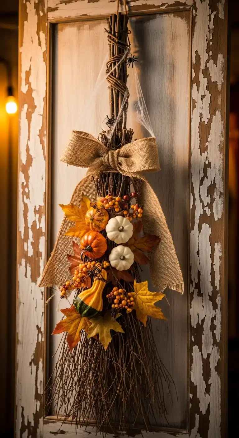 23 DIY Halloween Party Decor Ideas for a Festive Look 16 12. Rustic Twig Broom Wall Accent