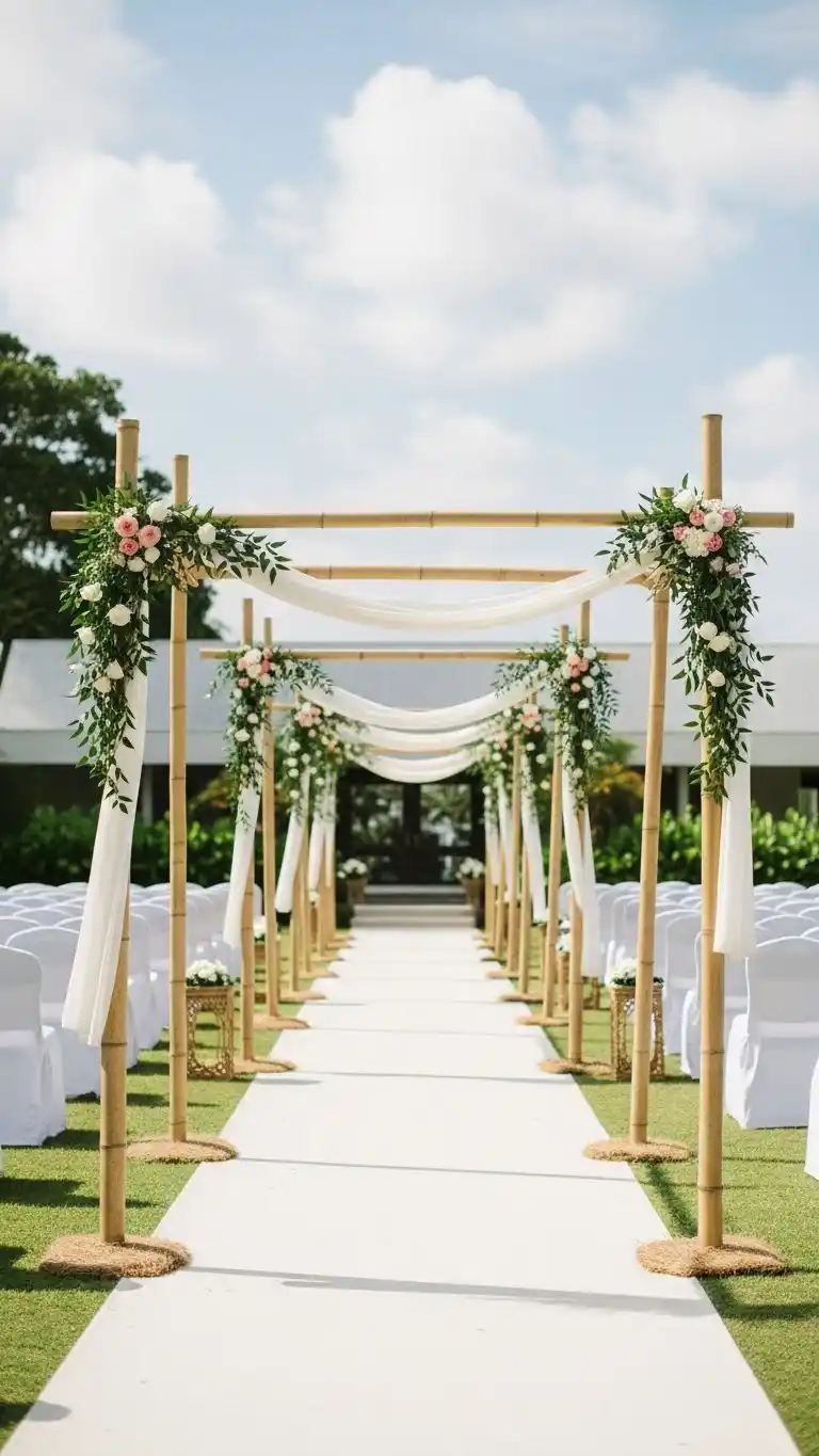 Beautiful Outdoor Wedding Entrances You’ll Love 16 12. Tall Bamboo Poles with Tied Florals