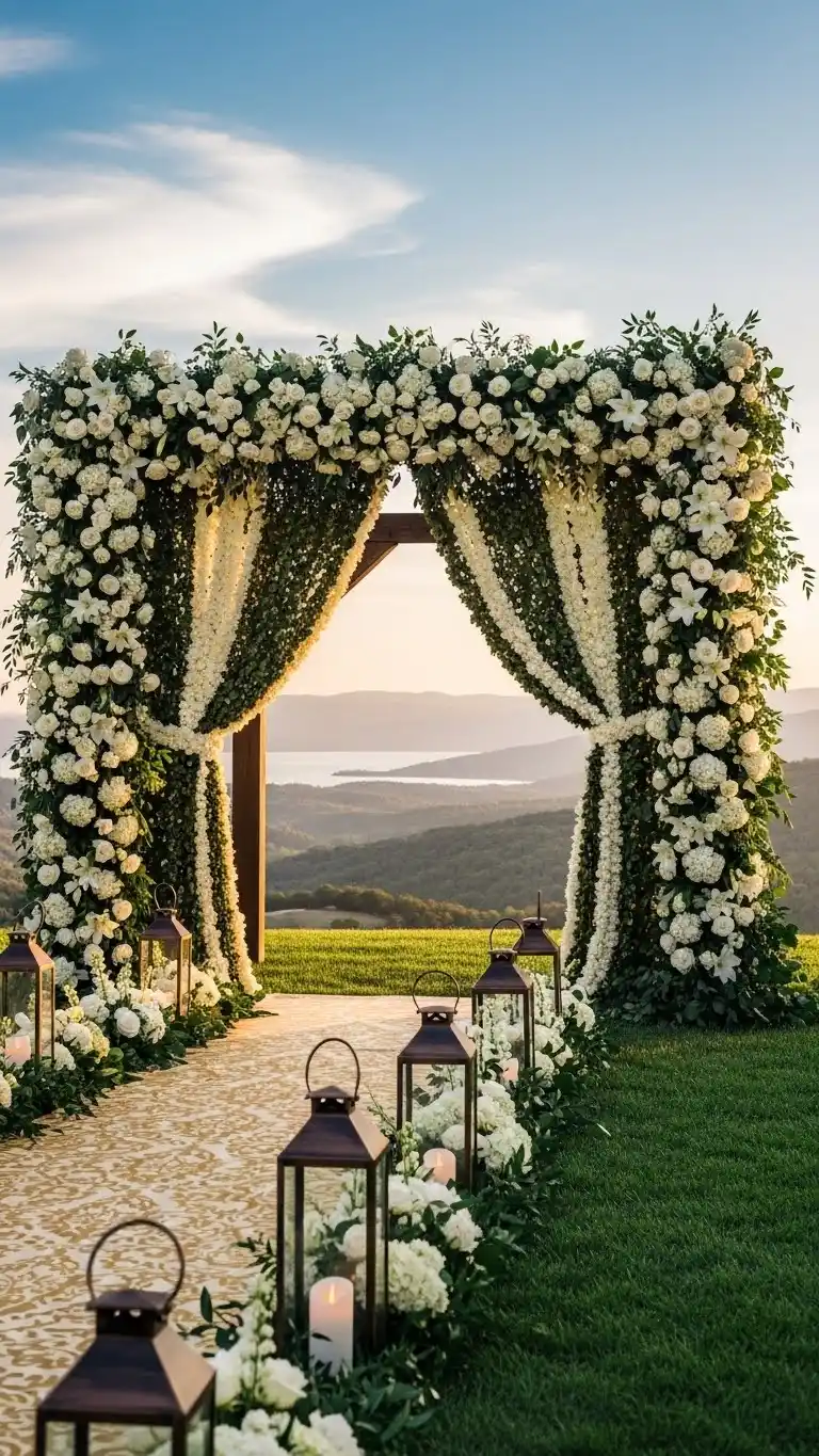 Beautiful Outdoor Wedding Entrances You’ll Love 17 13. Curtain-Style Floral Walls Creating a Dramatic Reveal