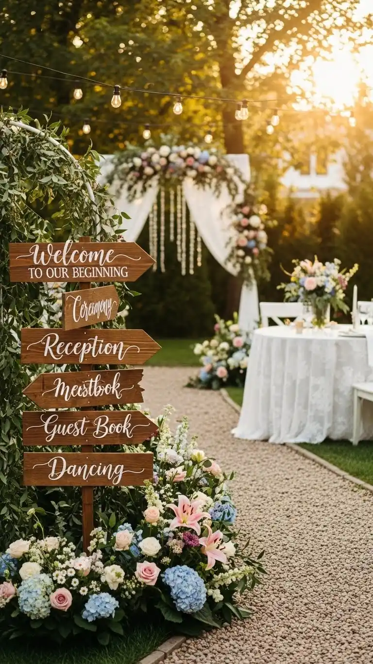 Beautiful Backyard Wedding Ideas on a Budget 17 13. Decorative Signs to Guide Guests with Style