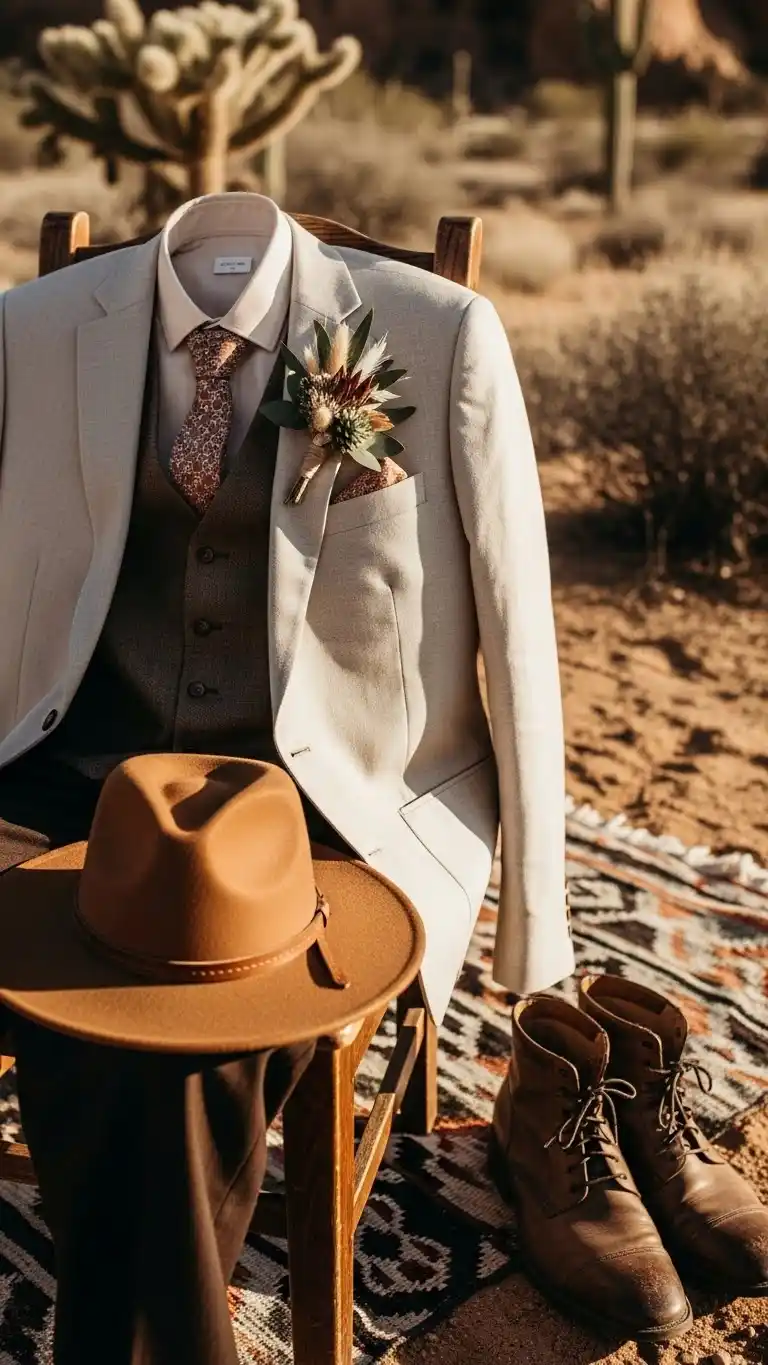 Desert Wedding Ideas That Bring Elegant, Rustic Charm to Your Big Day 17 13. Groom’s Attire with Earth-Tone Accents