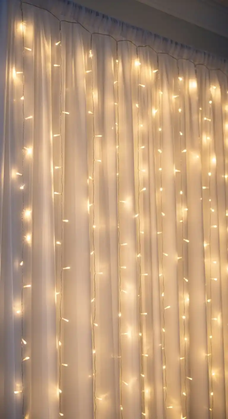 19 Bright & Stylish DIY Party Backdrop Inspirations 17 13. Light-Up Fairy Curtain with Soft Glow