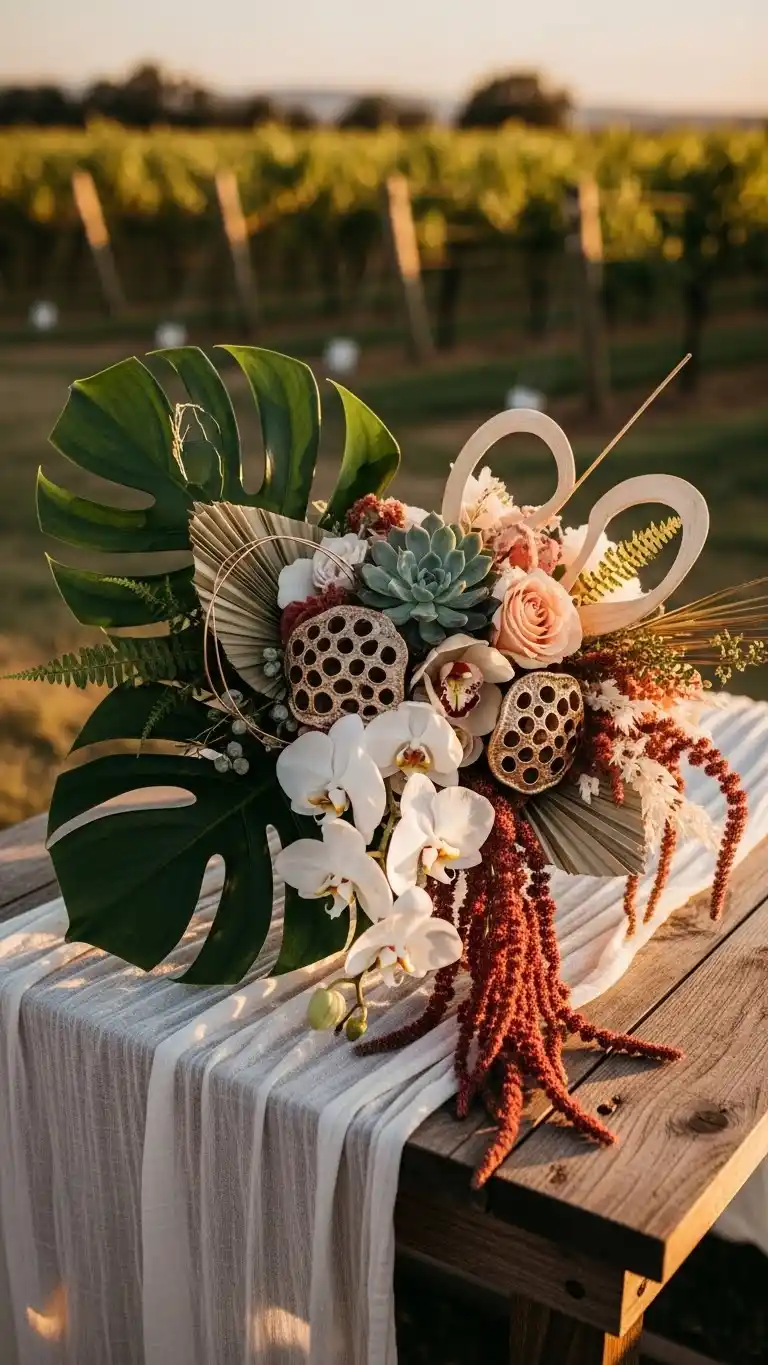 25 Elegant Vineyard Wedding Ideas for Your Dream Day 17 13. Tropical-Inspired Modern Bouquet Without Bright Contrasts