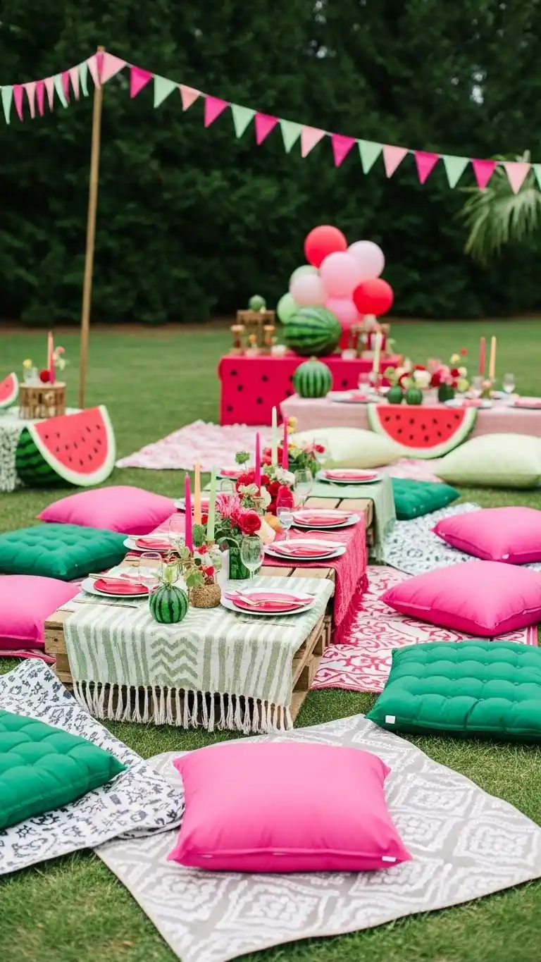 25 Fun Watermelon Themed Party Ideas for a Sweet Celebration 17 13. Watermelon Inspired Outdoor Seating Setup