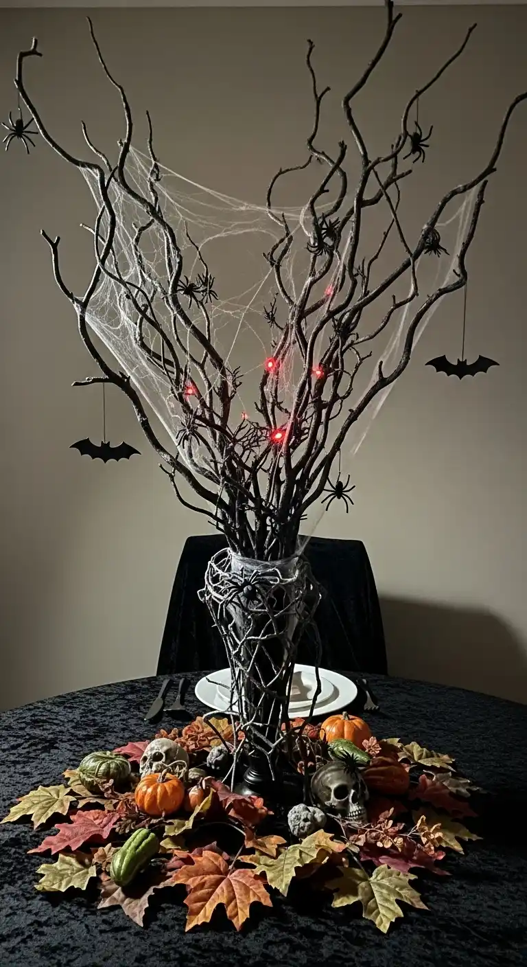 23 DIY Halloween Party Decor Ideas for a Festive Look 18 14. Creepy Branch Table Arrangement