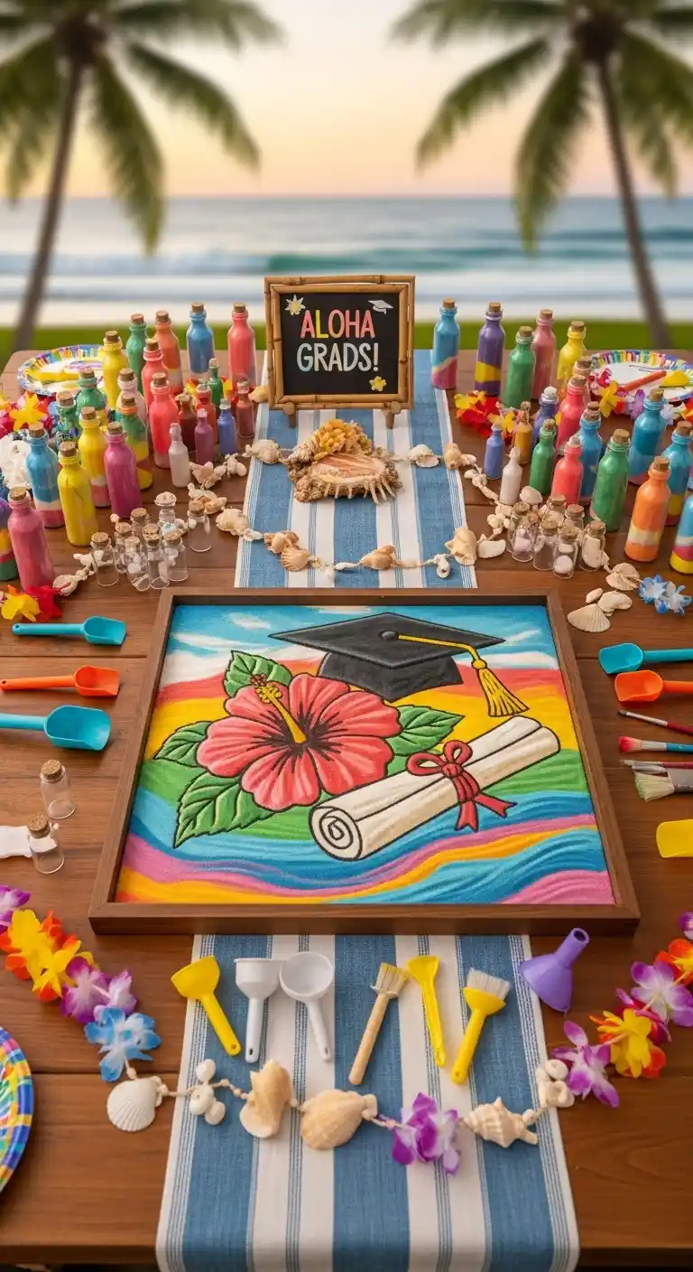 25 Hawaiian Graduation Party Ideas for a Fun Celebration 18 14. Graduation-Themed Sand Art Station