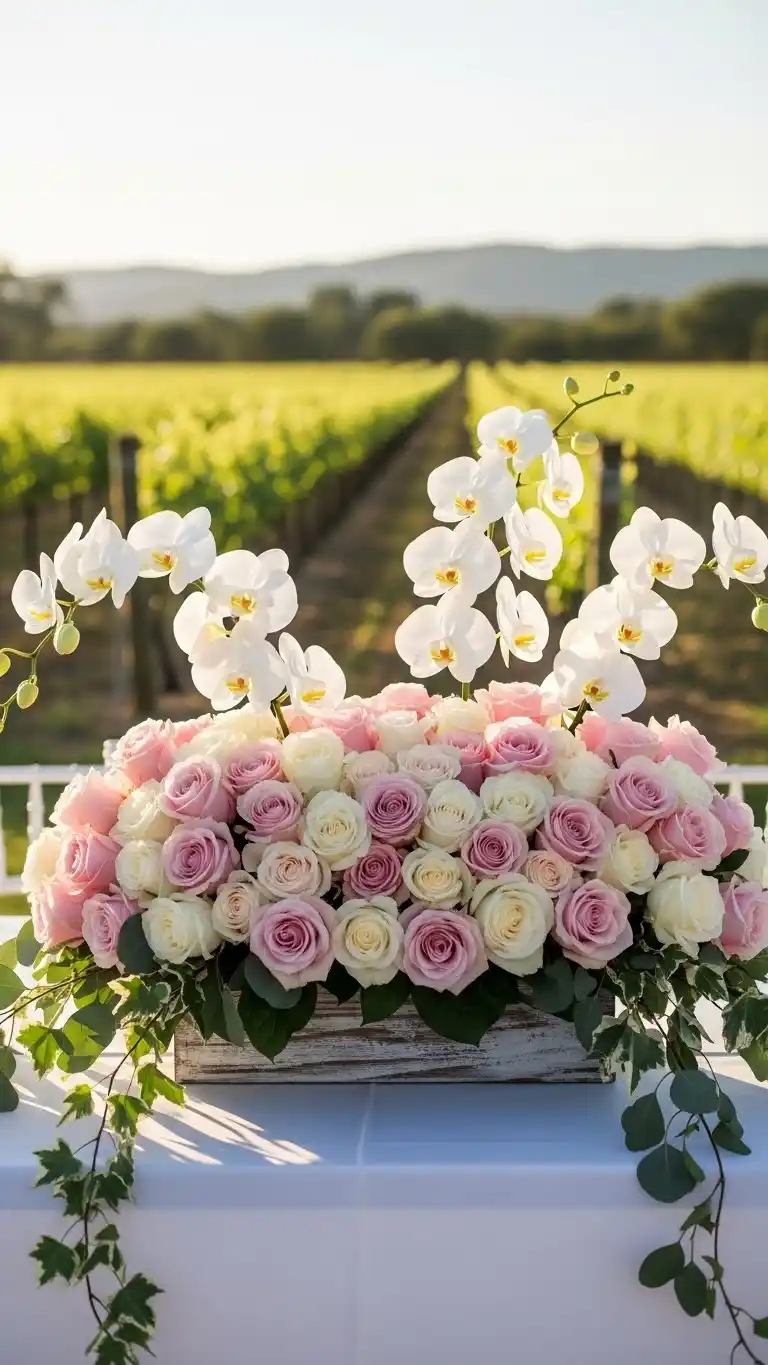 25 Elegant Vineyard Wedding Ideas for Your Dream Day 18 14. Structured Rose and Orchid Designer Arrangement