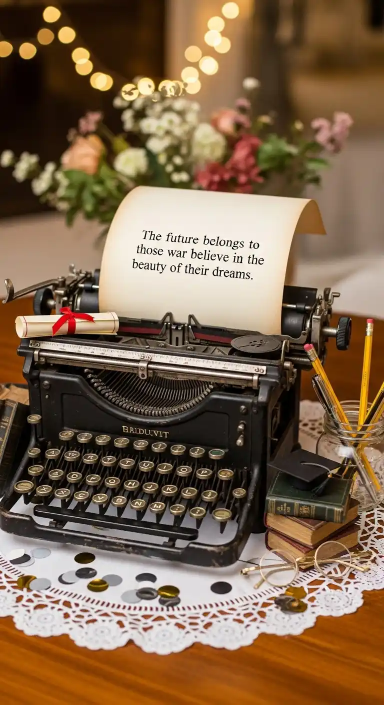 19 Graduation Party Centerpieces Ideas for a Memorable Event 18 14. Vintage Typewriter with Graduation Quotes
