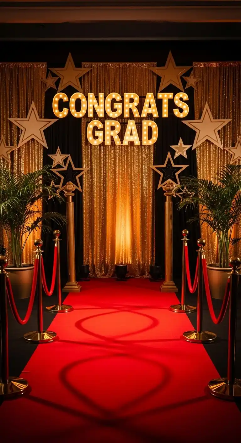 21 Stylish Graduation Party Backdrops for Any Theme 19 15. Classic Hollywood Glam with Red Carpet and Backdrop