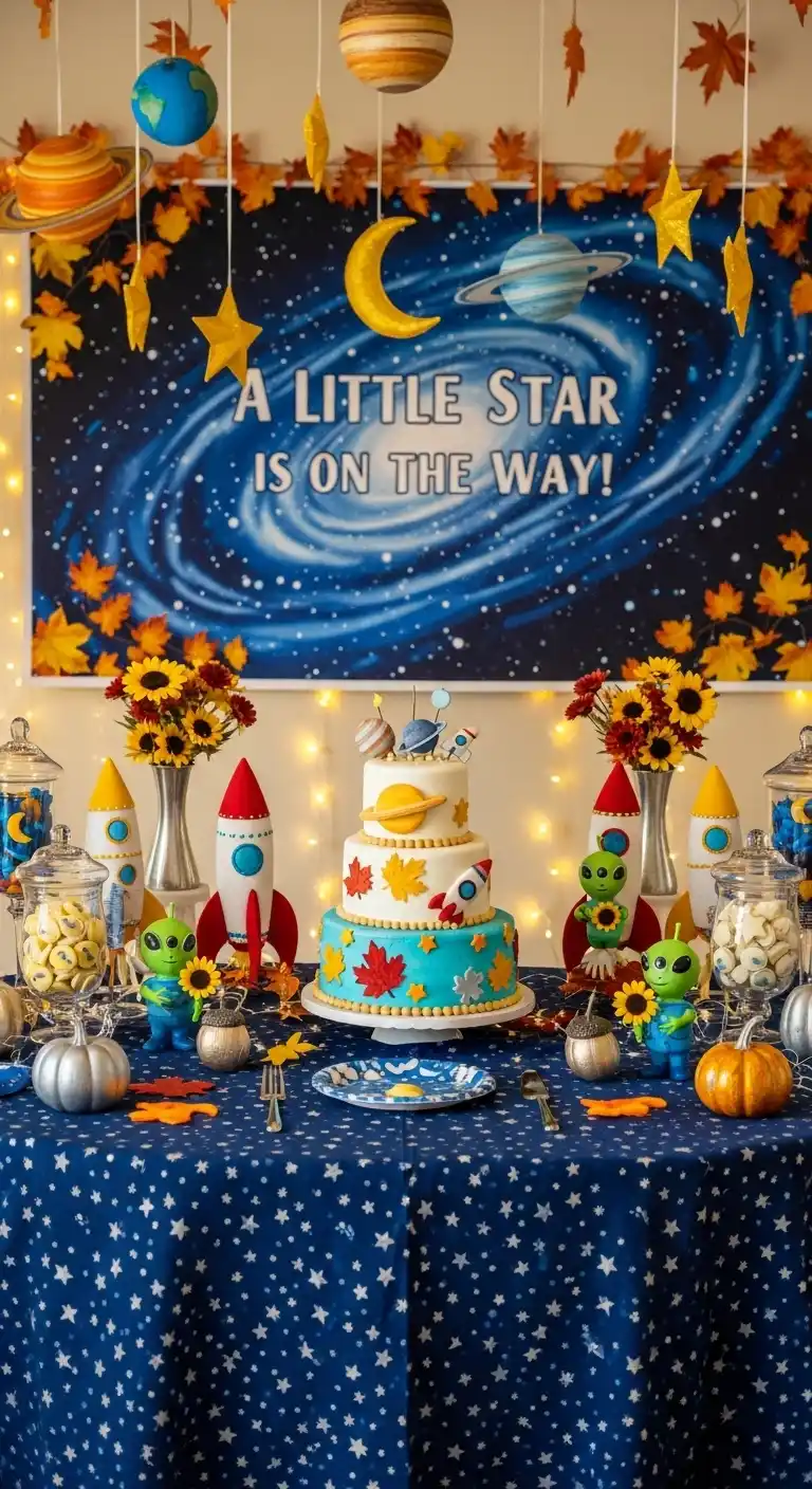 Fall Baby Shower Ideas for a Warm & Stylish Celebration 19 15. Outer Space Galaxy Baby Shower Theme