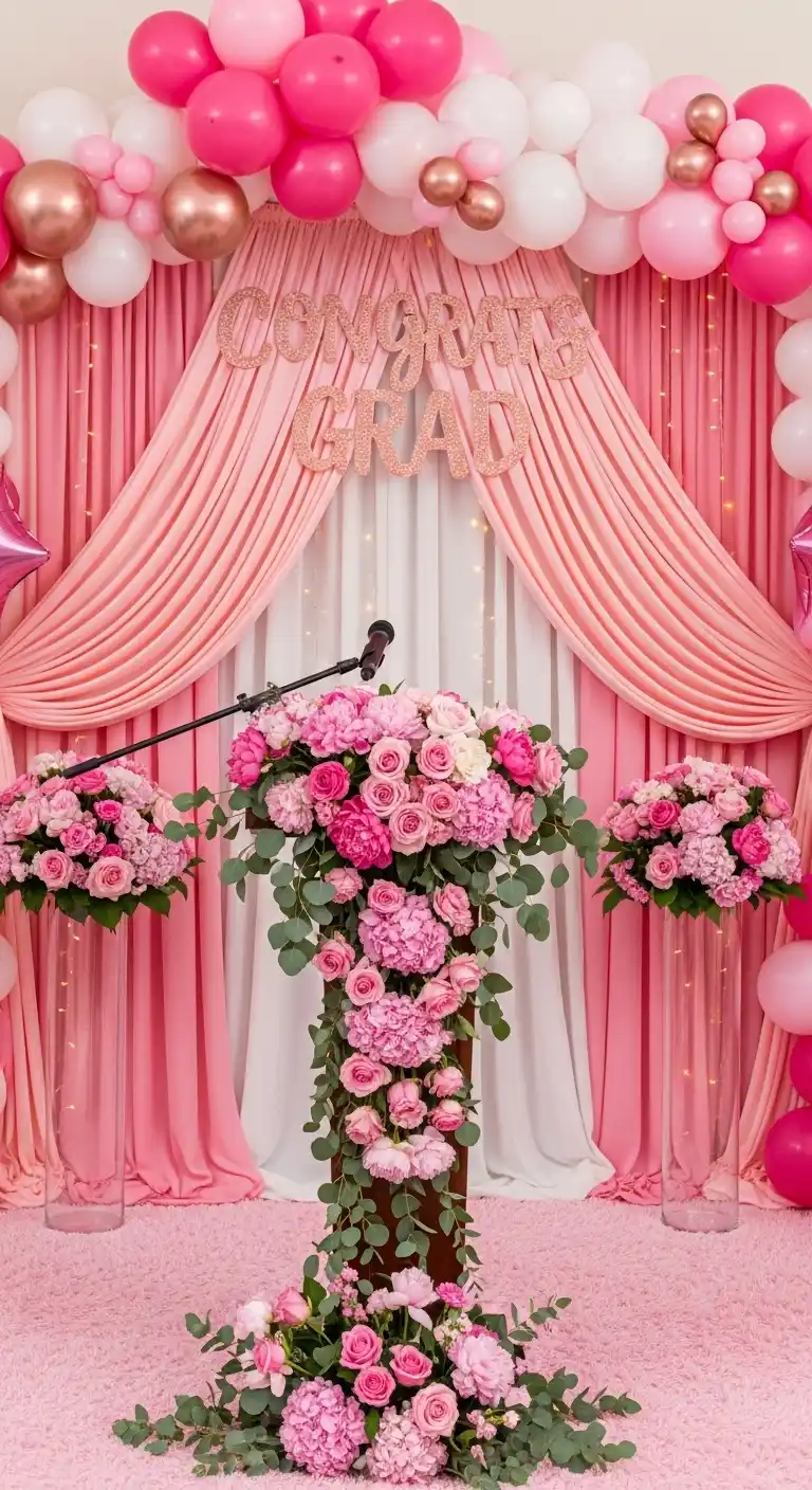 17 Pretty Pink Graduation Party Ideas You’ll Love 19 15. Pink-Themed Graduation Speech Decor