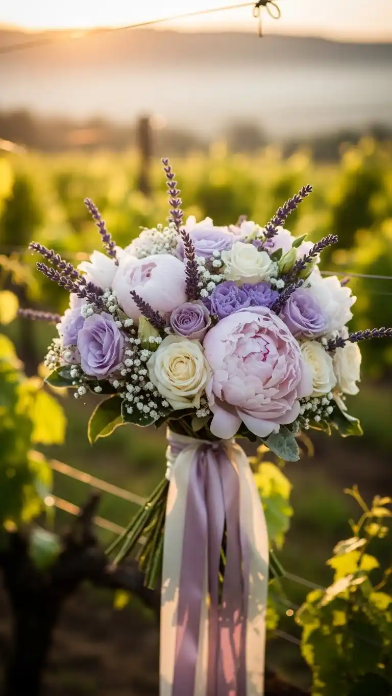 25 Elegant Vineyard Wedding Ideas for Your Dream Day 19 15. Soft Lavender and Cream Luxury Bridal Bouquet