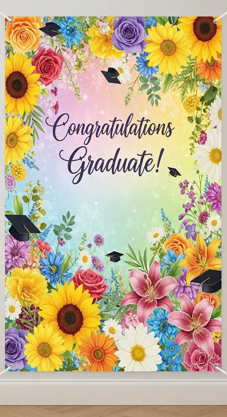17 Floral Graduation Party Ideas You’ll Love 19 15. Vibrant Flower-Printed Backdrop Banner