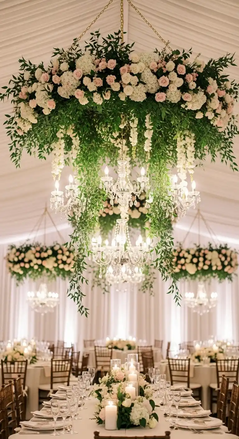 19 Classy Wedding Reception Ideas for a Timeless Look 20 16. Grand Floral Chandeliers or Hanging Arrangements