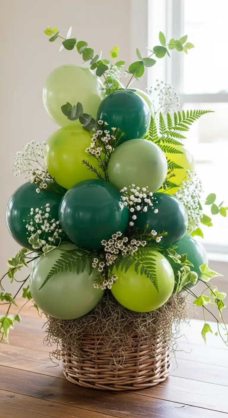 25 Stunning DIY Balloon Centerpiece Ideas on a Budget 20 16. Nature-Inspired Greenery Balloon Mix Centerpiece