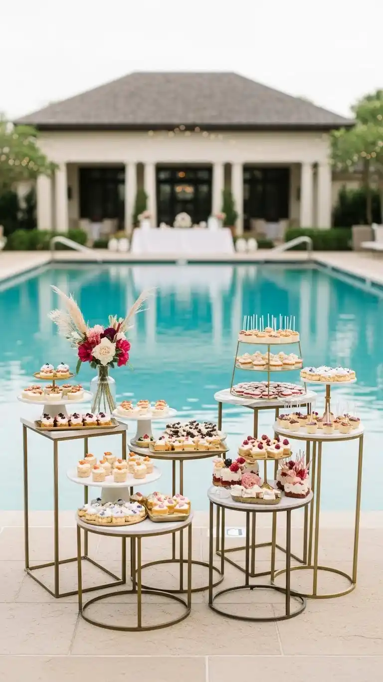 17 Poolside Wedding Ideas That Shine 20 16. Poolside Dessert Pods with Artistic Presentation