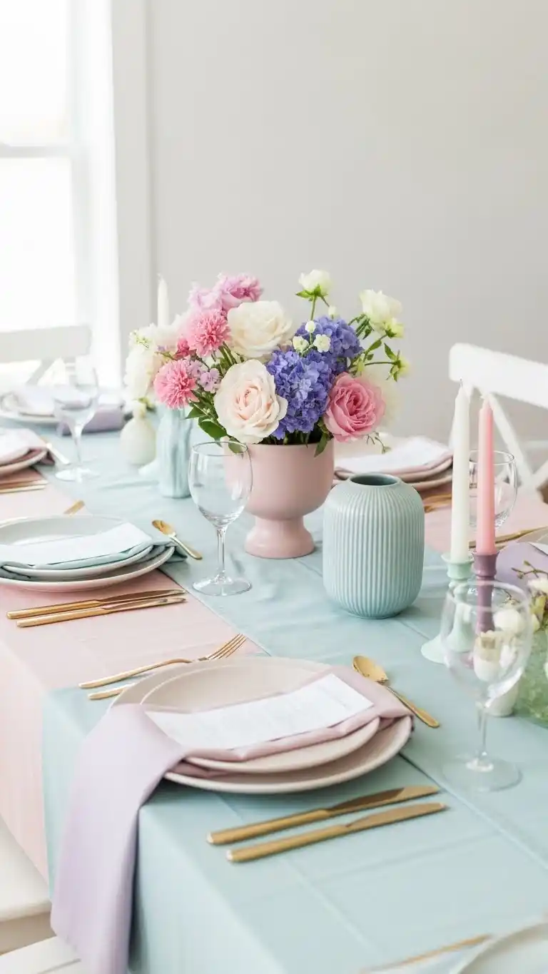 17 Stylish Dinner Party Table Ideas for Every Occasion 20 16. Soft Pastel Color Story for a Calm Atmosphere