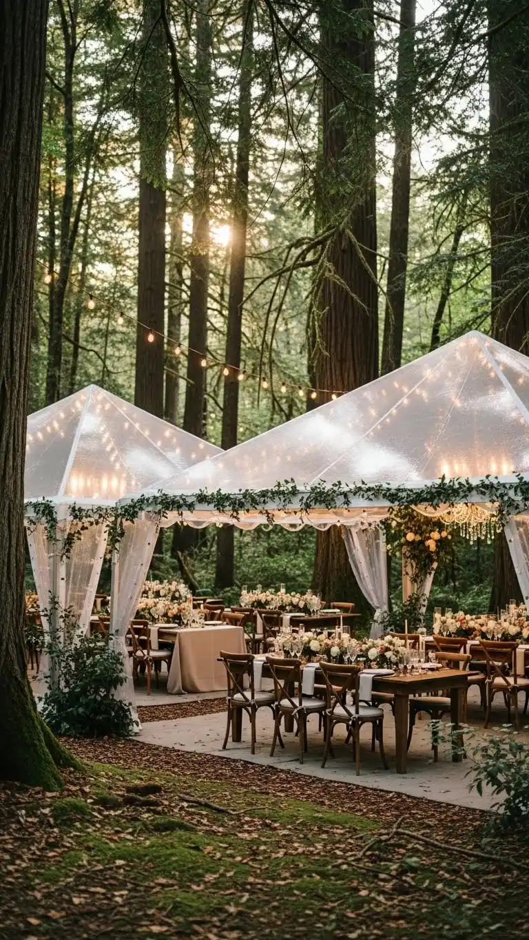 Dreamy Forest Wedding Theme to Steal the Show 20 16. Tented Clear Canopies That Preserve Natural Views