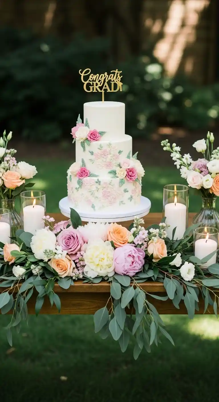 17 Floral Graduation Party Ideas You’ll Love 21 17. Flower Garland Cake Display