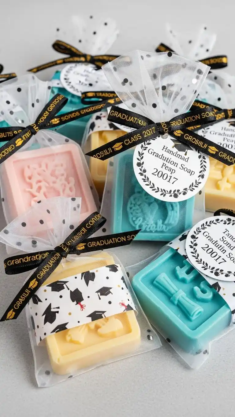 27 Simple DIY Graduation Party Decorations to Try 21 17. Handmade Soap Bars Wrapped in Graduation Ribbons